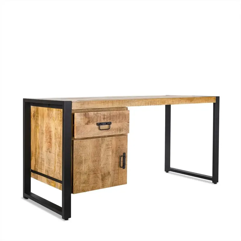 Schreibtisch – Natürliches Mangoholz, Schwarzes Stahlgestell, Tür Schublade, 145 cm - Britt | Benoa Expressversand