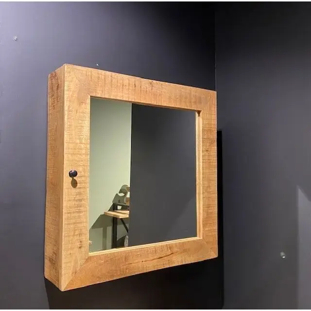 Heißes Angebot Badezimmerschrank – Massives Mangoholz, Verspiegelte Tür, Verdeckter Stauraum, 80 cm - Benoa | Benoa