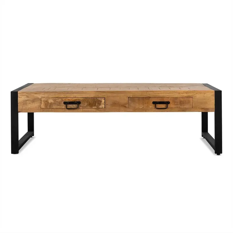 Couchtisch – Natürliches Mangoholz, Schwarzer Stahl, Praktische Schubladen, 140 cm - Britt | Benoa Günstig