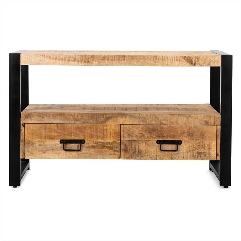 TV-Möbel – Natürliches Mangoholz, Schwarzer Stahl, Praktische Schubladen, 100 cm - Britt | Benoa Angebot