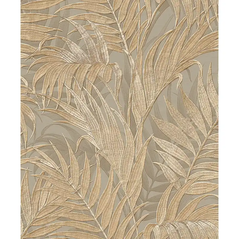 Vliestapete mit tropischem Palmenblatt-Design, edler Grün-Gold-Farbkombination und versetztem Rapport – Grace | Dutch Wallcoverings Garantierte Lieferung