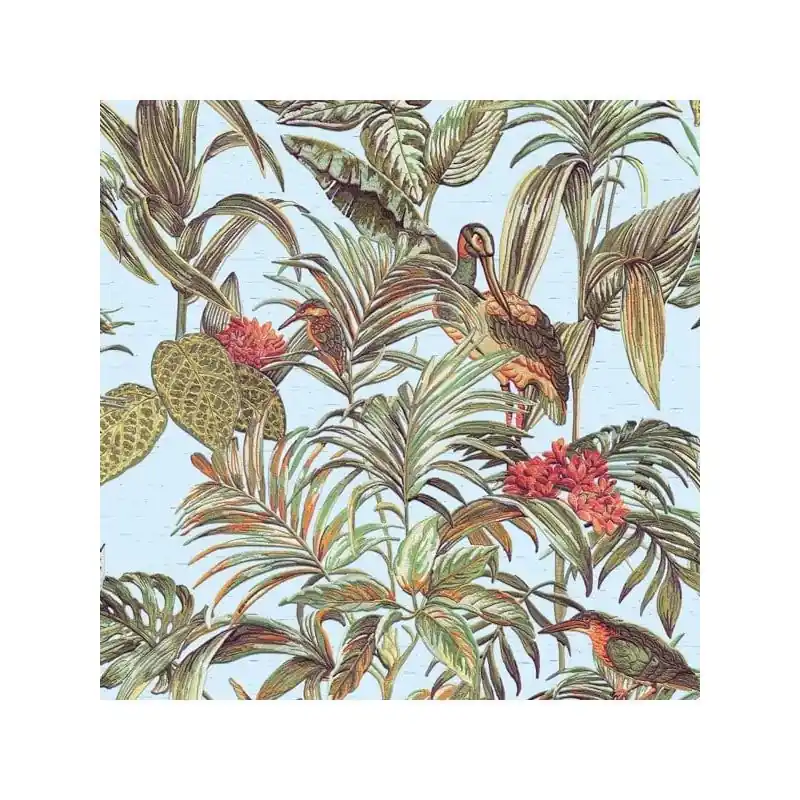 Vliestapete mit exotischem Paradiesvogel-Motiv, lebendiger Multicolor-Farbgebung und versetztem Rapport – Embellish | Dutch Wallcoverings Kracherpreis