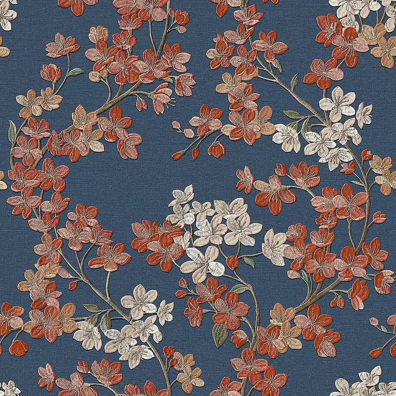 Vliestapete mit Kirschblüten-Design, edler Blau-Kupfer-Farbkombination und präzisem, anschließenden Rapport – Grace | Dutch Wallcoverings Rabatt