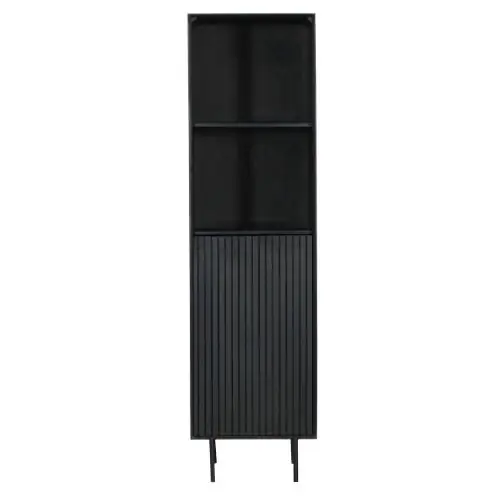 Bücherregal - Schwarzes Mangoholz, Vertikale Lamellenfront, Schwarzes Metallgestell, 55 cm – Madison | Starfurn Sonderaktion