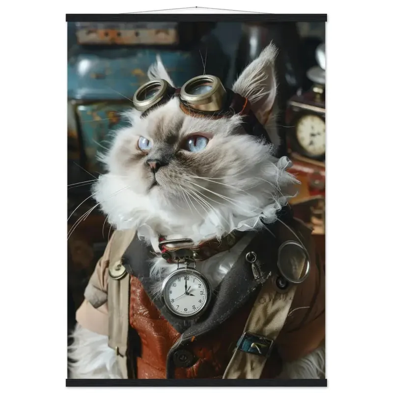Heißes Angebot Schoolposter - männliche LaPerm Katze, Steampunk-Outfit, mattes Papier, Magnet-Holzleisten | St Tropez Art