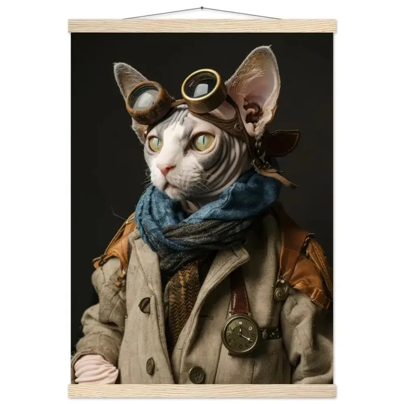 Preisreduziert Schulposter – Cornish-Rex-Katze Motiv, Steampunk-Kunstmotiv, Magnetische Holzaufhängung | St Tropez Art