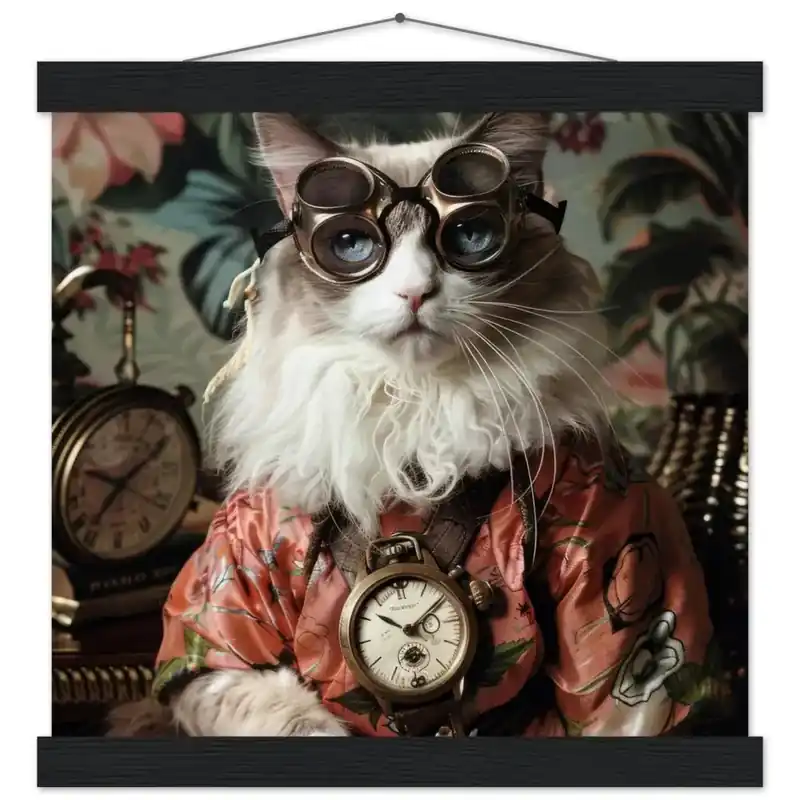 Schulposter – Balinesische-Katze Motiv, Steampunk-Kunstmotiv, Magnetische Holzaufhängung | St Tropez Art Highlight