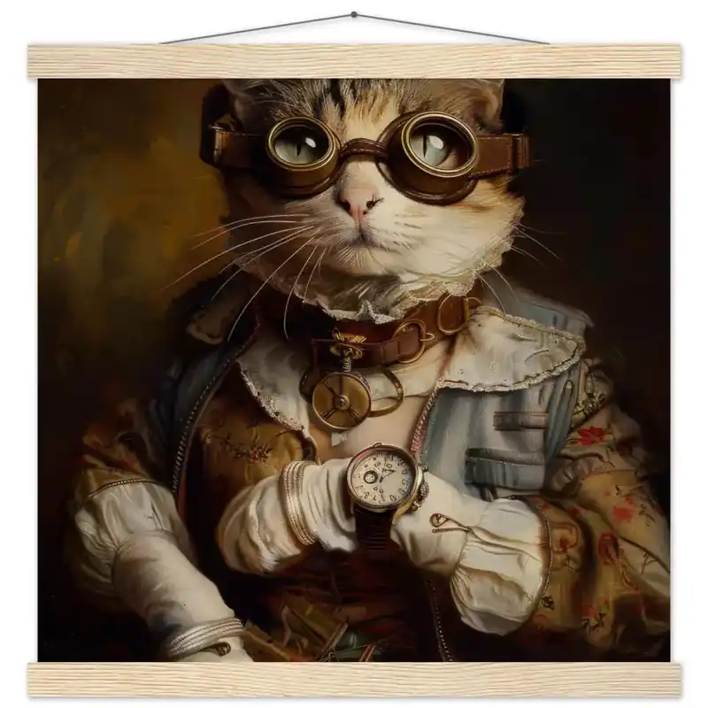 Schulposter - Steampunk-Vintage Ocicat Katzenmotiv, mattes FSC-Papier, magnetische Holzleisten | St Tropez Art Solange Der Vorrat Reicht