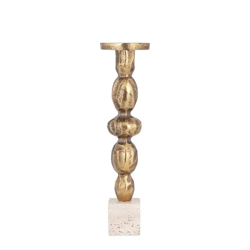 Kerzenständer – Goldfarbenes Aluminiumguss, Travertinsockel, Schlanke Form, L – Malines | PTMD Sichere Zahlung