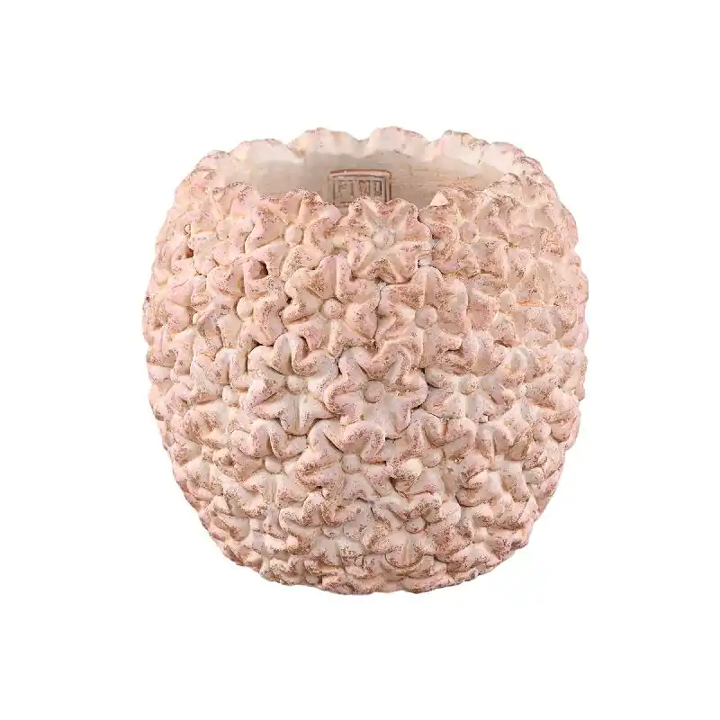 Letzte Chance Blumentopf – Runde Form, Zement Material, Blumen Muster, Rosa Oberfläche, L – Salia | PTMD
