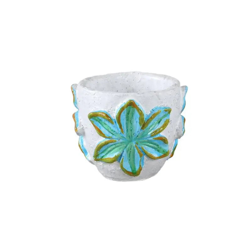 Kracherpreis Blumentopf – Runde Form, Zement Material, Blumen Muster, Blaue Oberfläche, XS – Blomme | PTMD