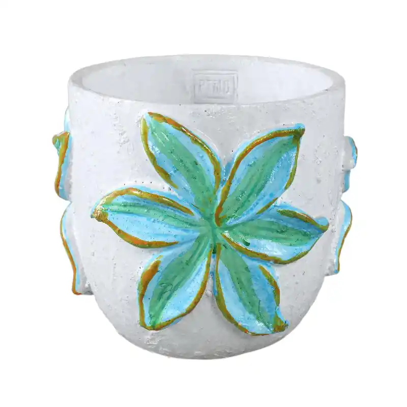 Ausverkauf Blumentopf – Runde Form, Zement Material, Blumen Muster, Blaue Oberfläche, L – Blomme | PTMD