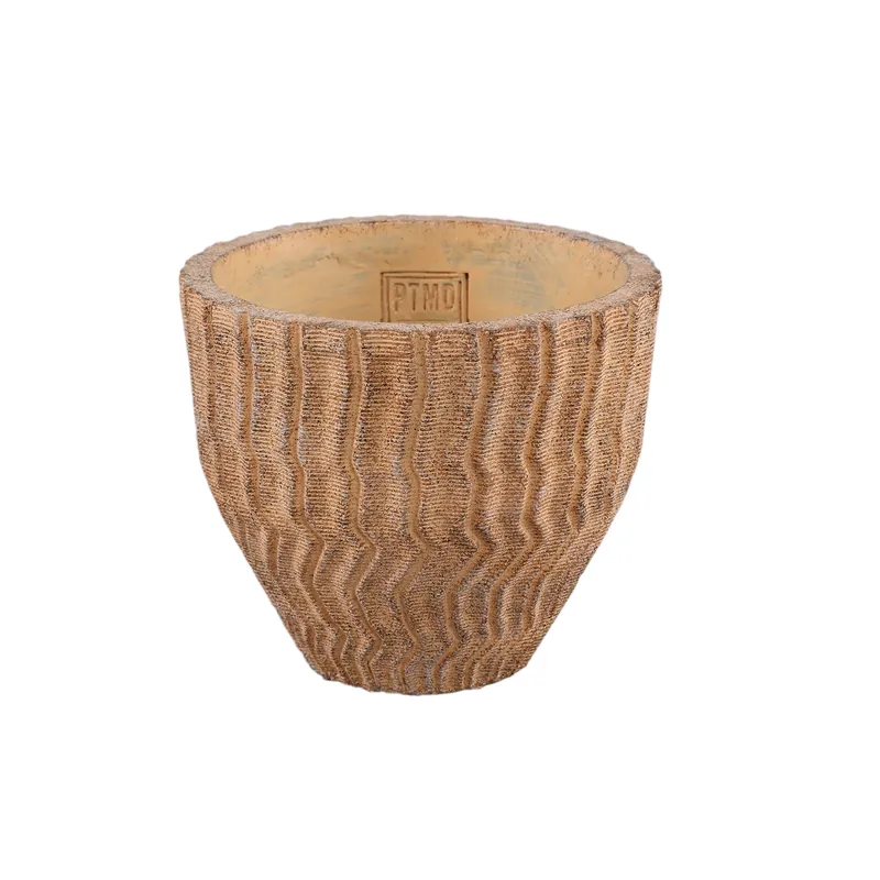 Blumentopf - Niedriger runder Zement, Rillenmuster, Hellbraun, M – Zanaya | PTMD Schneller Versand