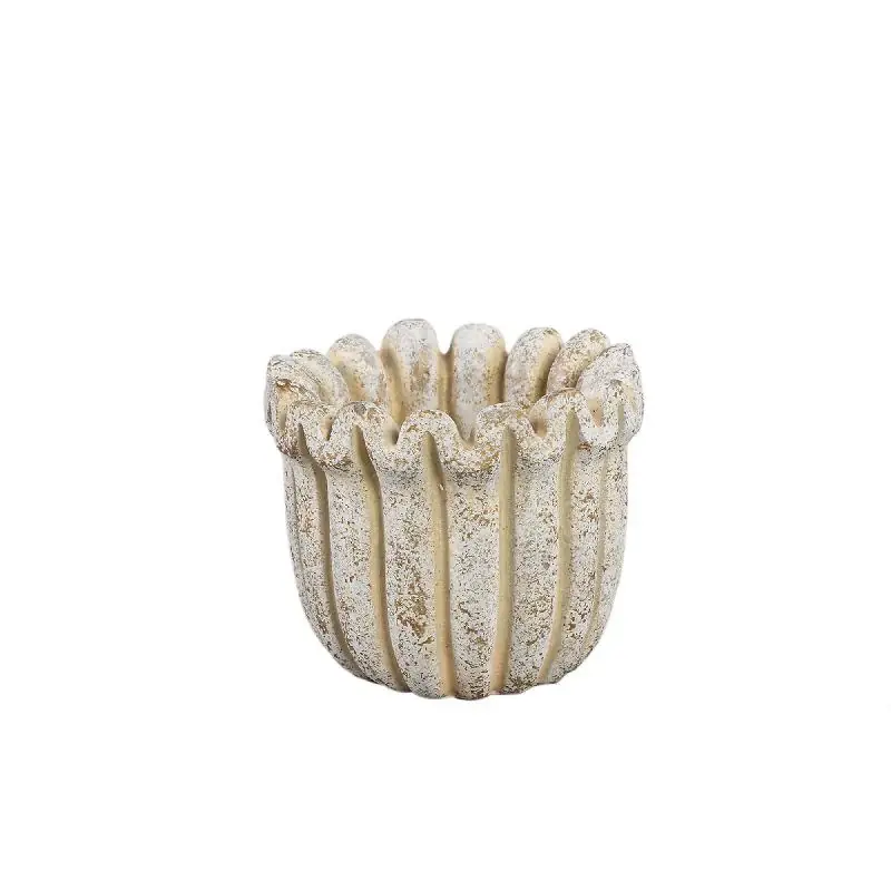 Blumentopf – Creme Farbe, Gerippte Linienstruktur, Zement Material, XS – Raffay | PTMD Bestpreis