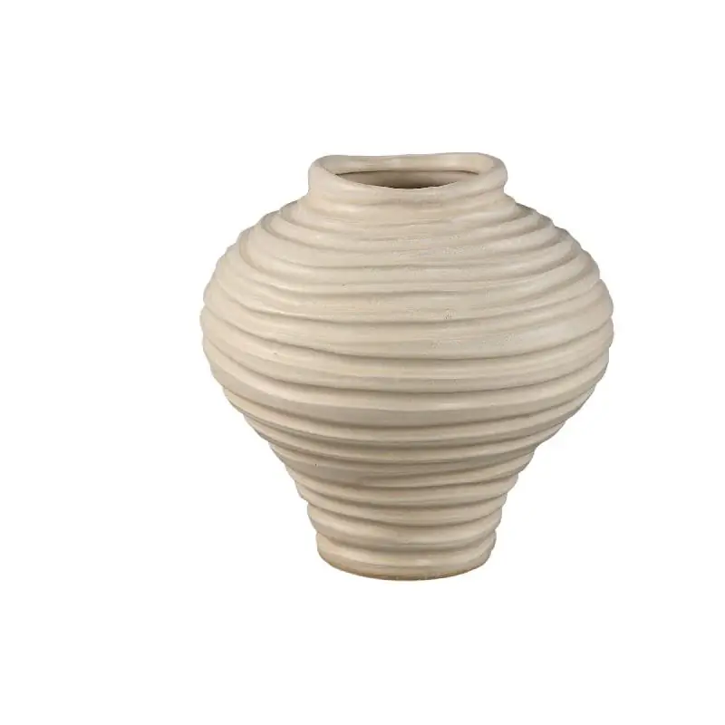 Vase – Beigefarbene Oberfläche, Runde Form, Bauchige Form, Gerippte Struktur, Keramik, M – Mickie | PTMD Preiswert