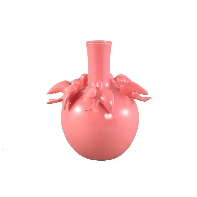 Preiswert Vase – Bäuchige Form, Rosa Farbe, Vogelmotiv Design, Keramikmaterial, L – EmmeLyn | PTMD