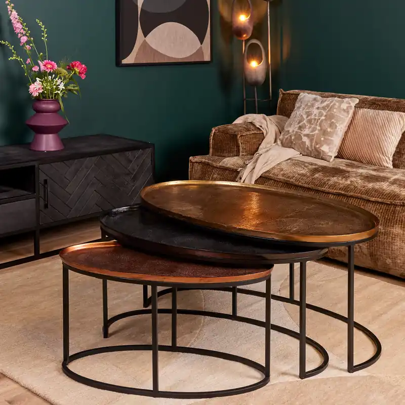 Billig Couchtisch – Aluminium Tischplatten, Eisen Gestell, Ovales Design – Raley | Starfurn