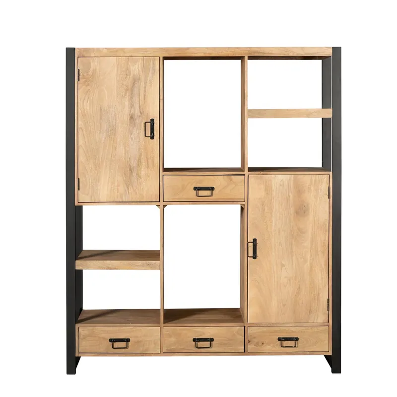 schrank – Mangoholz Material, Schwarzes Metallgestell, Streifenholz Design – Britt | Starfurn Expressversand