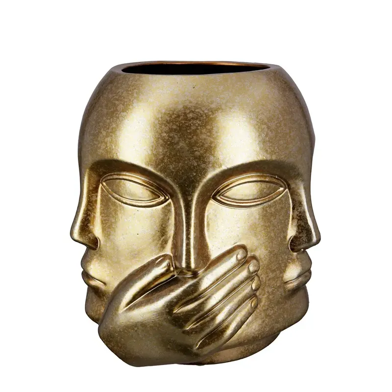 Ausverkauf Gesichtsvase – Goldene Keramik, Glänzende Oberfläche, Handmotiv - Ponto | Gilde