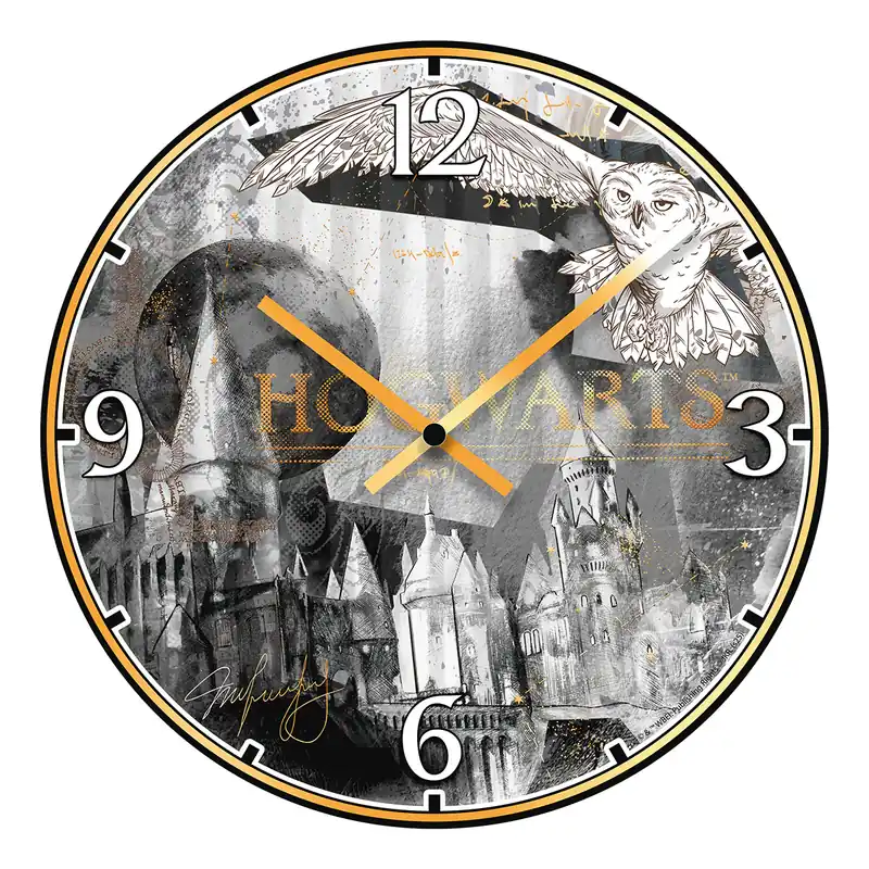 Wanduhr – MDF Oberfläche, Goldfarbene Zeiger, Collage Motiv - Hogwarts | Gilde Nur Für Kurze Zeit