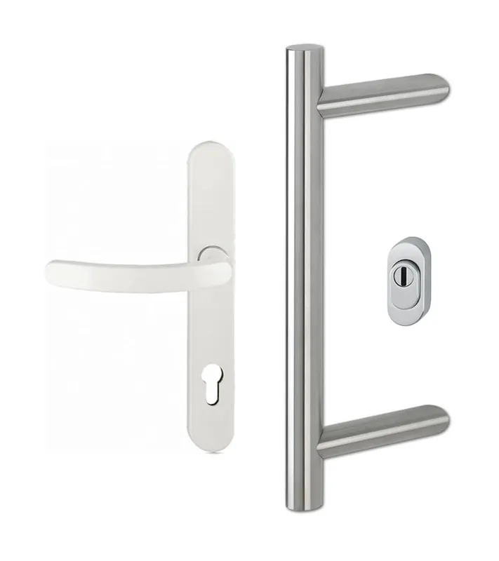 Stange. abgeschrägt m. Kernziehschutz Edelst. 600 mm / Drücker weiß Saisonangebot