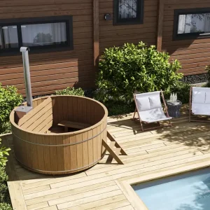 Sonderangebot Thermoholz Hot Tub Ø 220 cm mit XL-Edelstahl-Innenofen + PVC-Einsatz + Randbretter / Badebottich