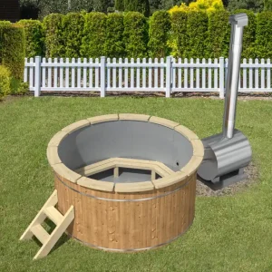 Thermoholz Hot Tub Ø 160 cm mit Edelstahl-Außenofen + PVC-Einsatz + Randbretter Expressversand