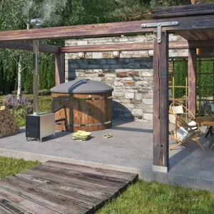 Günstig aufgebauter PREMIUM-Badebottich Ø 200 cm mit Außenofen + Einsatz + Deckel
