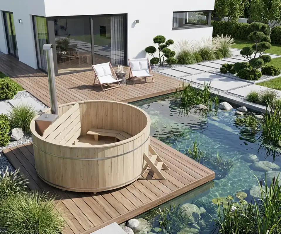 Hot Tub Ø 220 cm mit XL-Edelstahl-Innenofen / Badebottich Günstig